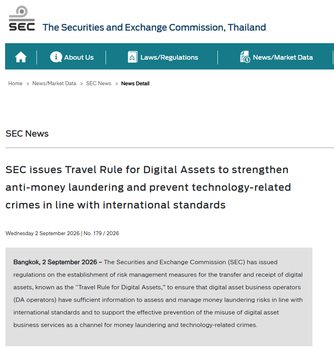 A screenshot of a news article from "The Securities and Exchange Commission, Thailand" titled "SEC issues Travel Rule for Digital Assets to strengthen anti-money laundering..." dated Wednesday 2 September 2026.