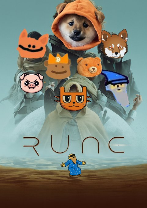 A movie poster-style image with the title 'RUNNE' featuring several people with cryptocurrency memes (Dogecoin, Bitcoin, Wojak, etc.) and an orange dog emoji covering their faces, with a small figure in a blue robe at the bottom.