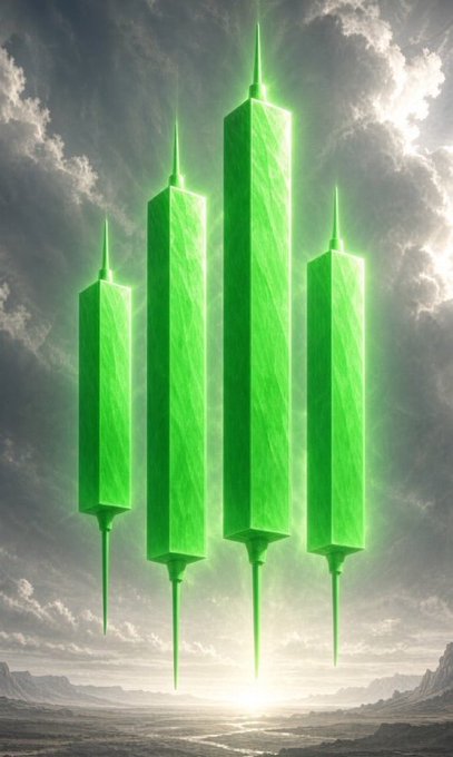 Four glowing green, crystalline obelisk-like structures floating in a cloudy sky above a landscape with a sun on the horizon.