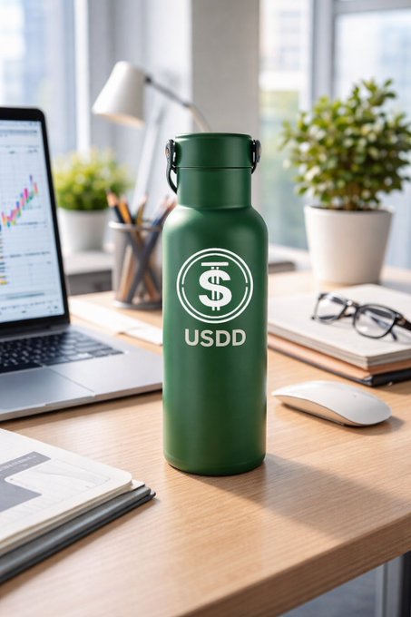 A green metal water bottle with a "USDD" logo (dollar sign with a line through it) sitting on a wooden desk alongside a laptop, mouse, glasses, and a potted plant.