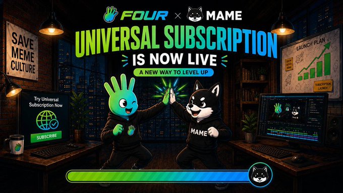 The image features promotional artwork announcing the "FOUR x MAME Universal Subscription," with branded mascots—a green hand character labeled "FOUR" and a black-and-white dog labeled "MAME"—high-fiving alongside text declaring "UNIVERSAL SUBSCRIPTION IS NOW LIVE" and "A NEW WAY TO LEVEL UP," complemented by "SUBSCRIBE" and "LAUNCH PLAN" graphics showing upward growth. This visually reinforces the post's message about fair, non-competitive access to the new subscription mechanism, symbolizing a collaborative, equal-opportunity launch between the four.meme and MAME platforms.