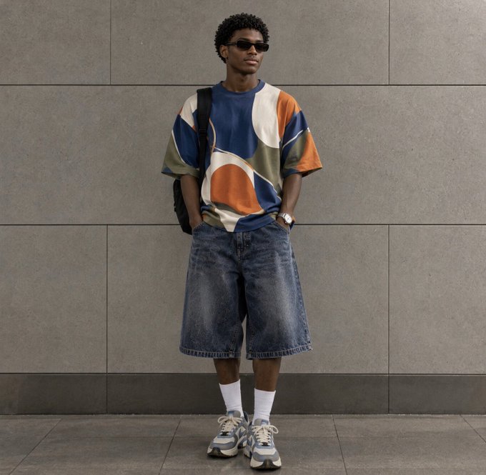 A male model poses against a concrete wall wearing an abstract patterned t-shirt, baggy denim shorts, white socks, and chunky sneakers.
