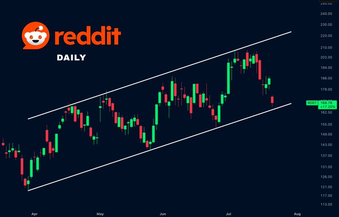 The image displays a daily candlestick chart of Reddit ($RDDT) stock from April through August, showing price action contained within a rising channel (marked by parallel white trendlines) before breaking below the lower trendline near $165.75. This visual aligns with the post's analysis of a bearish channel breakdown, with the most recent candle attempting to rebound back toward the broken trendline to determine if the breakdown is false or signals continued downside.