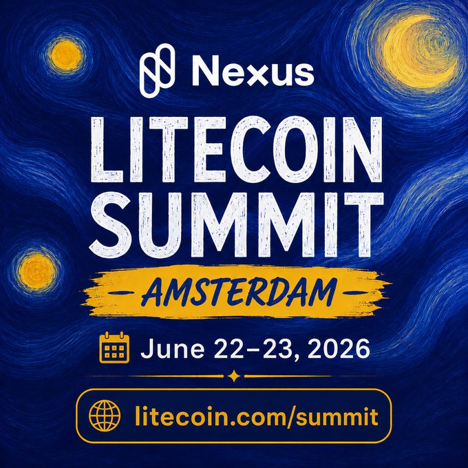 The image features a poster with a blue background, featuring a painting of stars and planets against a dark blue sky. The text "Litecoin Summit Amsterdam" is written in white letters at the top of the poster. Below this, there are three yellow circles representing the days of the week (Sunday, Monday, Tuesday) along with the date "June 22 - 23, 2016". At the bottom of the poster, there's a website address for tickets to the event: litecoin.com/summitsummit.