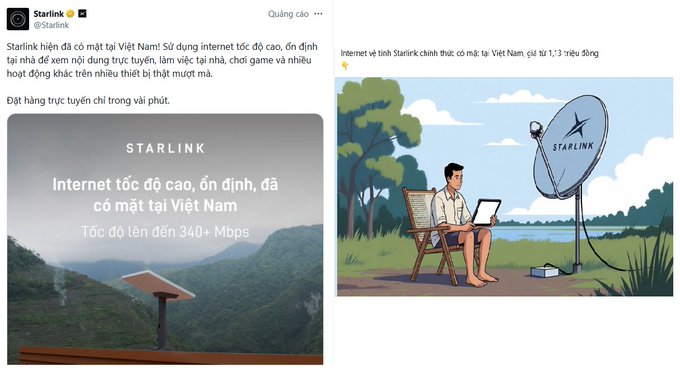 Starlink promotional tweets announcing high-speed internet availability in Vietnam with speeds up to 340+ Mbps, featuring images of a Starlink dish and a person relaxing outdoors.
