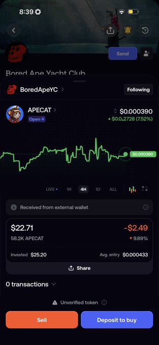 A mobile screenshot of a crypto trading app showing the APECAT token from BoredApeYachtClub with a current price of $0.000390, up 7.52%, alongside a 4H price chart and Sell/Deposit options.