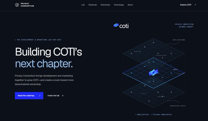 A dark-themed webpage for 'Privacy Consortium' features the text 'Building COTI's next chapter' alongside a diagram of a private computation network concept.