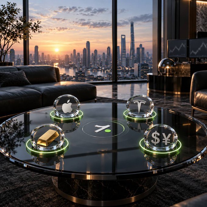 A sleek black coffee table displays four illuminated display cases featuring the Apple (AAPL) and Tesla (TSLA) logos, a gold bar, and currency symbols (¥$), set against a luxurious high-rise cityscape at sunset. The image visually reinforces the post's invitation to organize a diversified watchlist across stocks, commodities, and forex markets for the upcoming trading week.