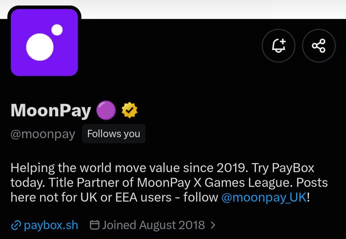 A Twitter/X profile page for MoonPay (@moonpay) with a purple moon logo, indicating it follows the viewer and mentions being a Title Partner of MoonPay X Games League.