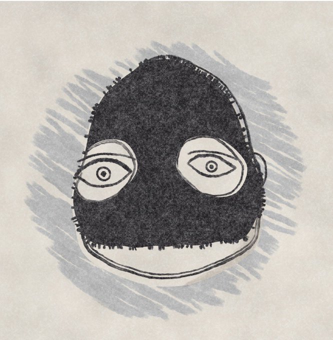 A stylized illustration of a dark, hooded figure with large, prominent white eyes peering through a mask, set against a gray scribbled background. The artwork appears to be a newly acquired piece from the "Naives" collection by artist Mannay on Verse Works.