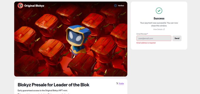 A successful payment confirmation from Moonpay for the "Blokyz Presale for Leader of the Blok" (Original Blokyz NFT mint) displays alongside a 3D blue robot character surrounded by red blocks, verifying the user's purchase with the email usert@email.com.