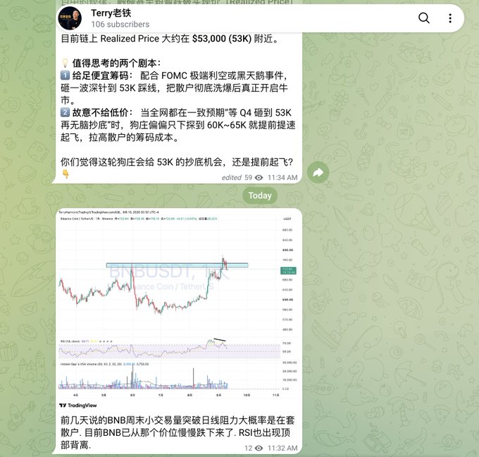 A screenshot of a social media post from "Terry老铁" discussing Bitcoin's realized price near $53,000 (53K), with Chinese text analyzing market scenarios, accompanied by a TradingView chart for the BNB/USDT trading pair.
