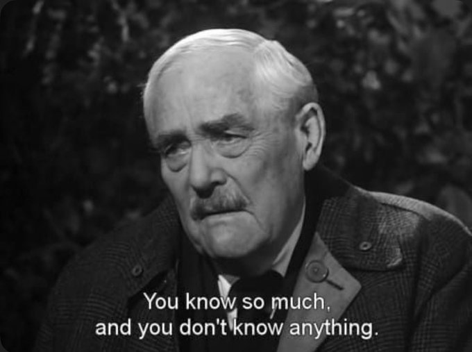 The black-and-white image shows an elderly man with white hair and a mustache, wearing a tweed jacket, with the caption "You know so much, and you don't know anything." The image humorously relates to the post by mocking those who claim authority on crypto trends, as the old man seems to dismiss knowledge of trendy meme coins like $TRUMP and $Ansem on Solana as ultimately meaningless.