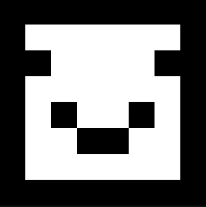 A high-contrast black and white pixel art image of a simple face with two square eyes and a rectangular mouth inside a rounded square.