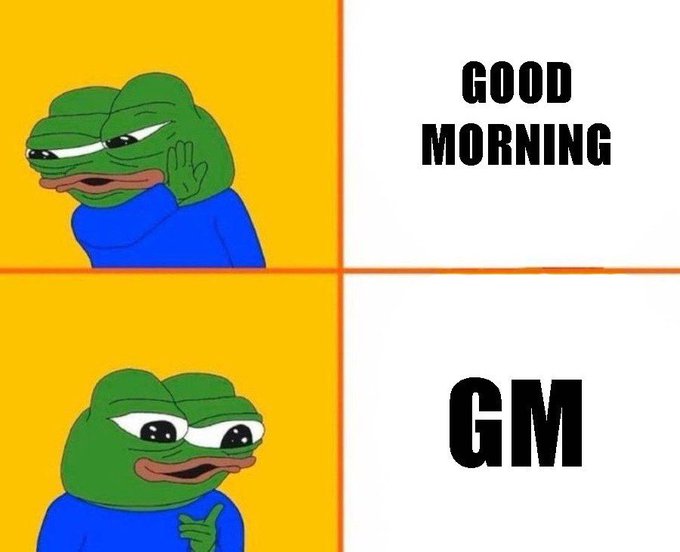 The image features a cartoon frog with green skin, wearing a blue shirt, sitting next to two other cartoon frogs. The text "Good morning GM" is written above the image of the frog holding its hand up to its face.