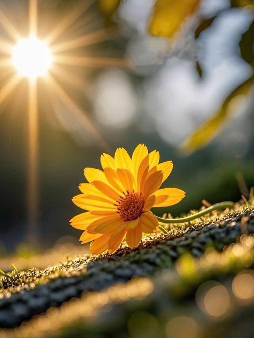 The image features a single yellow flower with its petals facing upwards, resting on a rock or branch. The sun is shining brightly behind the flower, casting light onto it from the left side of the photo. In the background, there are trees visible, adding depth and context to the scene. The post includes text that reads "GM CT Chúc mọi người cuần vui vẻ", which is likely a description or caption about the flower in question.