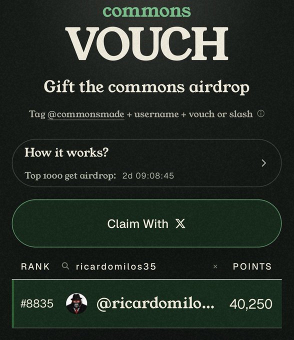 A screenshot of the Commons Vouch airdrop page shows user @ricardomilos35 ranked #8835 with 40,250 points, just outside the Top 1000 cutoff needed to qualify for the airdrop based on the accompanying post's instructions.