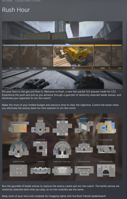 A promotional page for a Counter-Strike 2 game mode called 'Rush Hour' featuring first-person gameplay screenshots and various arena map layouts like 'SPRING', 'WAREHOUSE', and 'BIKE BOX'.