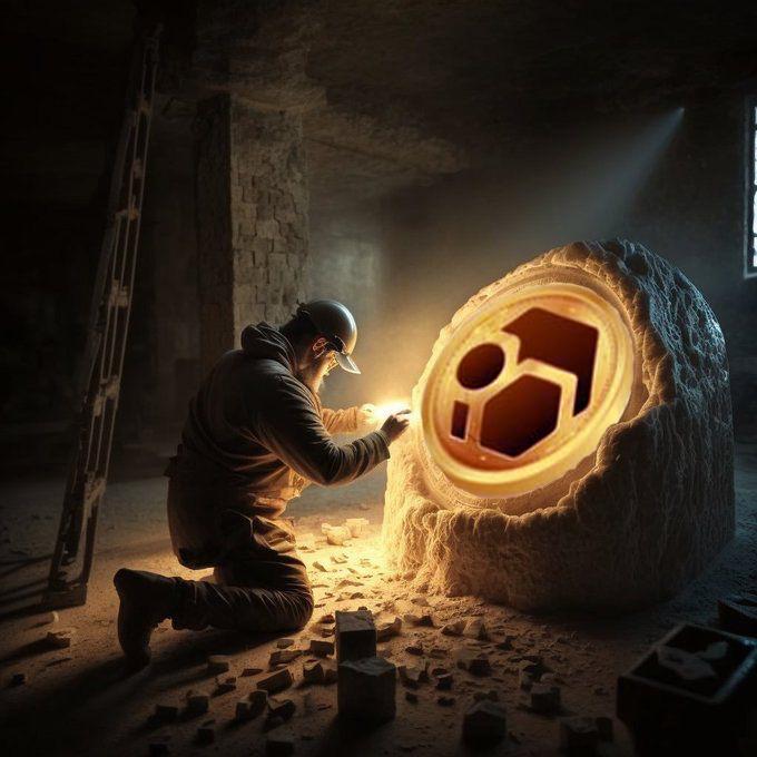 A person kneeling in a dark space, working on a large glowing stone artifact bearing a hexagonal logo, illuminated by a shaft of light.