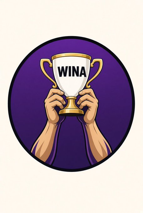 A circular purple emblem featuring two hands holding a gold and white trophy cup with the word 'WINA' written on it.