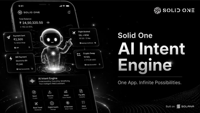 The image features a black and white phone screen with an AI agent character on it. The AI agent is shown interacting with various elements of the app, such as buttons and icons, which are part of the Solid One Al Intent Engine. The background of the image is dark gray, providing contrast to the AI agent's figure. The text in the image reads "Solana has already processed more than 15 million on-chain payments from AI agents". This suggests that Solana has been using AI agents for payment processing and has successfully completed a significant number of transactions.