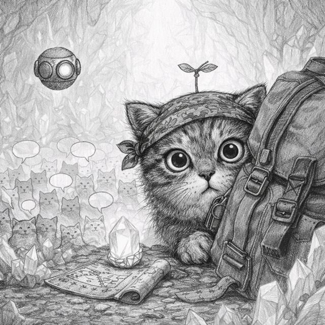 A black-and-white pencil illustration of a wide-eyed kitten wearing a bandana and carrying a backpack, standing next to crystals and a map in a crystalline cave.