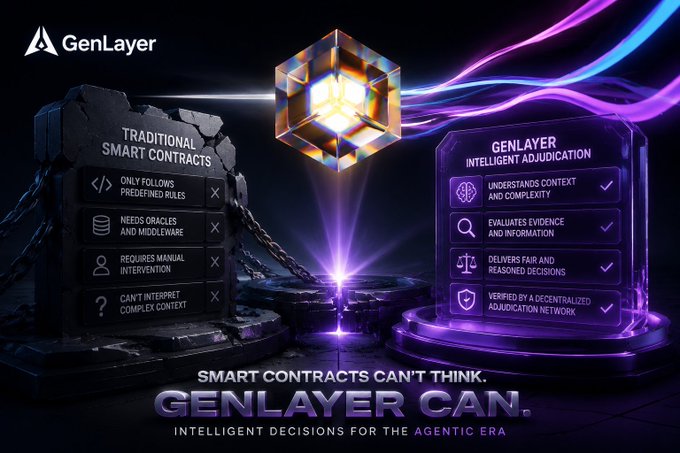 GenLayer promotional graphic comparing 'Traditional Smart Contracts' (limited by predefined rules, oracles, manual intervention, and inability to interpret complex context) against 'GenLayer Intelligent Adjudication' capabilities, with tagline 'Smart Contracts Can't Think. GenLayer Can.'