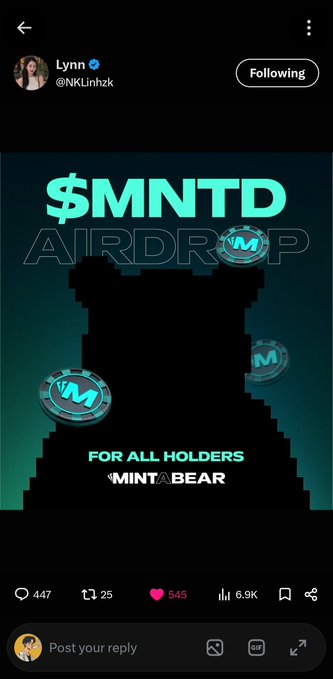 A Twitter post by @NKLinhzk announcing an '$MNTD AIRDROP FOR ALL HOLDERS' with a graphic featuring MNTD tokens and coins.
