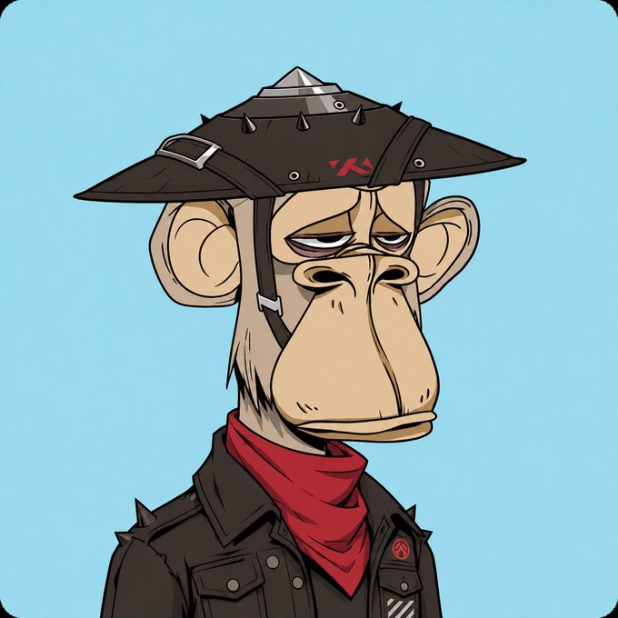A cartoon ape wearing a spiked, studded leather hat with a red logo, a red bandana, and a black biker jacket poses with a jaded expression against a cyan background, embodying the rebellious "JPEG collector" vibe the post plays on by blending monkey imagery with edgy anime-style design.