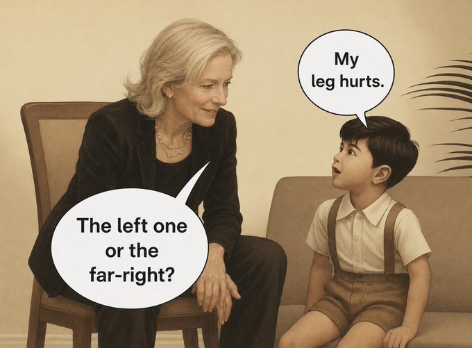 A sepia-toned image shows an older woman in a black suit leaning toward a young boy on a couch, with the boy saying "My leg hurts." and the woman responding "The left one or the far-right?" in speech bubbles.