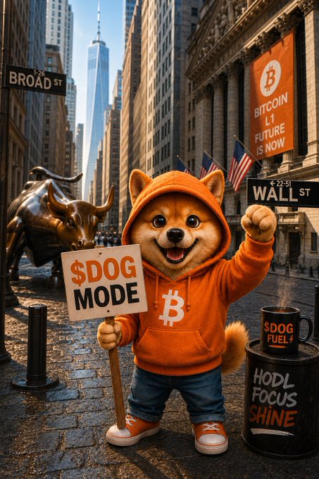 A cheerful Shiba Inu mascot wearing an orange "$DOG MODE" hoodie stands triumphantly on Wall Street, holding a sign and raising its fist beside a coffee mug labeled "$DOG FUEL" and a barrel reading "HODL FOCUS SHINE," with the Charging Bull and a "BITCOIN L1 FUTURE IS NOW" banner in the background—perfectly capturing the bullish, energy-charged spirit of $DOG's pump announcement.