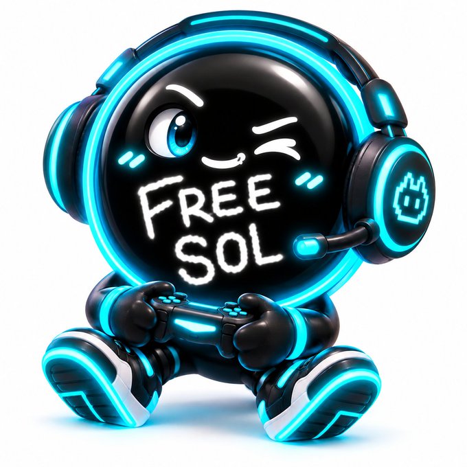 A 3D-rendered cartoon character with a round black screen-like body displays the handwritten text "FREE SOL," wearing neon blue headphones and holding a game controller.