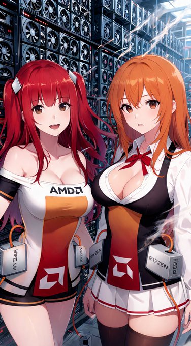 An anime-style illustration of two female characters (red-haired and orange-haired) wearing AMD and Ryzen branded outfits in front of a server rack with CPU coolers.