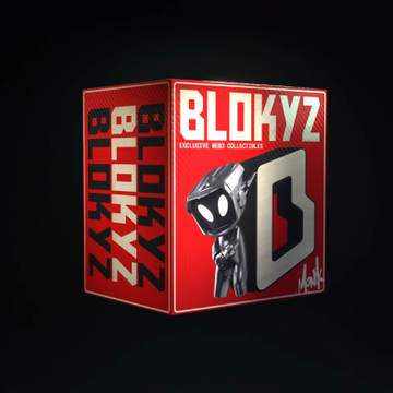 A 3D render of a red and black Blokyz box designed in the style of a Funko Pop! packaging, featuring a hooded character and the text 'Exclusive Blokyz Collection.'