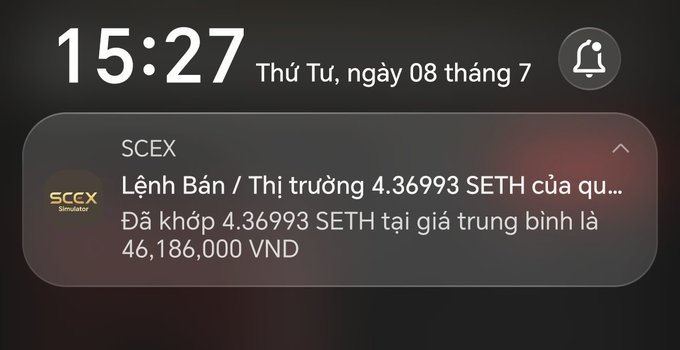 A phone notification from SCEX at 15:27 on Tuesday, July 8th confirms a sell order has been executed, matching 4.36993 SETH at an average price of 46,186,000 VND, supporting the post's claim of cashing out 4.3 ETH for over 200 million VND.
