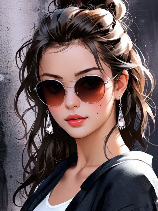 A digital illustration depicts a woman with flowing brown hair, wearing aviator sunglasses and dangling silver earrings.
