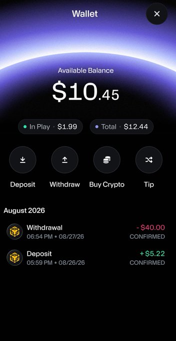 A mobile wallet screen showing an available balance of $10.45, with $1.99 in play and $12.44 total, featuring options to deposit, withdraw, buy crypto, or tip, and transaction history including a $40.00 withdrawal and $5.22 deposit in August 2026.