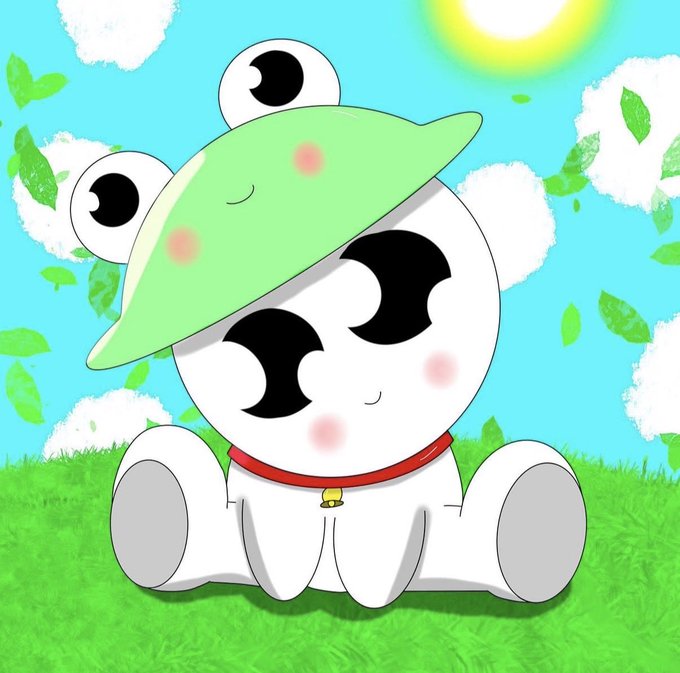 A cute cartoon panda character wearing a green frog hat sits on grass under a bright sun in a digital illustration.