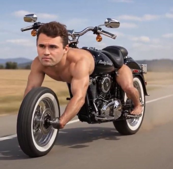 A shirtless man in a surreal, anatomically impossible pose appears to be part of a Harley-Davidson motorcycle, with his head and torso stretched forward between the handlebars and his legs draped over the back, while gripping the front wheel. The "Harley-Davidson" logo is visible on the gas tank, and the caption "Shut the chain down immediately" humorously ties to the visible drive chain exposed on the motorcycle.