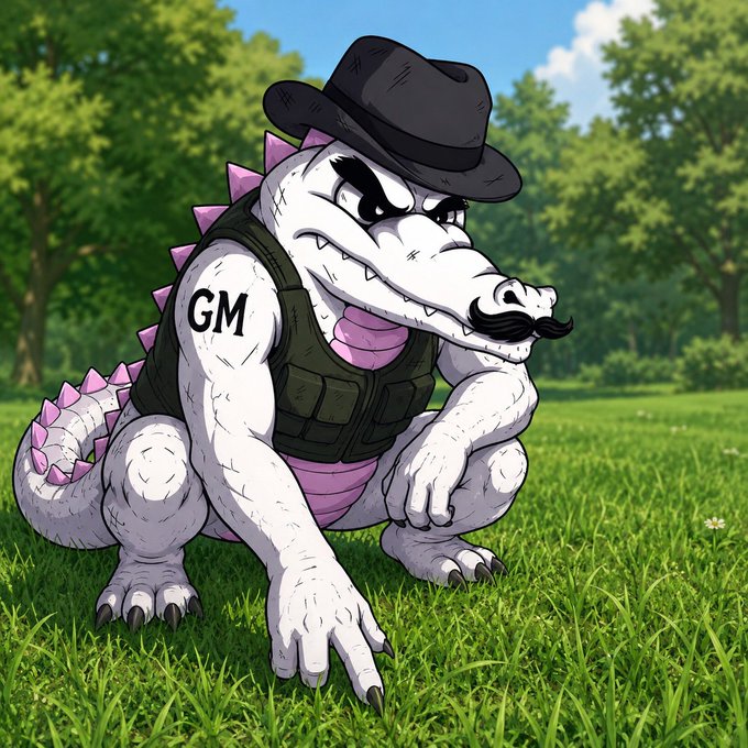 An illustrated white crocodile character wearing a black fedora and tactical vest labeled 'GM', sporting a mustache and pink spikes, posed in a grassy field.