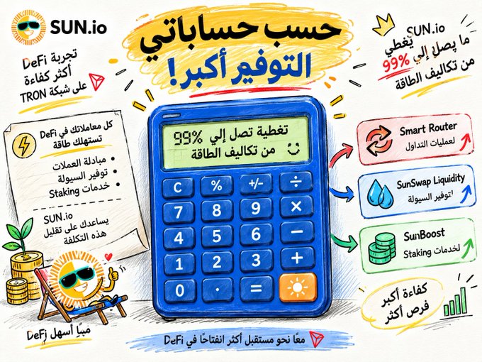 A colorful Arabic infographic promoting SUN.io as the largest DEX on TRON, featuring a calculator graphic displaying "99%" cost coverage and highlighting features like DeFi experiences with DeFiBox analytics, Smart Router with optimal operations, SunSwap Liquidity enhancement, and SunBoost Staking services, with claims that SUN.io helps avoid overpaying for transaction fees on TRON. The image visually reinforces the post's message about energy consumption in DeFi by framing SUN.io as a tool for executing DeFi operations more efficiently.