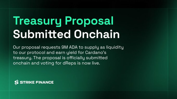 The image shows a green banner with white text that reads "Treasury Proposal Submitted Onchain". The text also includes an explanation of the proposal, stating that it has been officially submitted by Cardano and will be used for the creation of a new cryptocurrency called adastat.net/governances/87.
