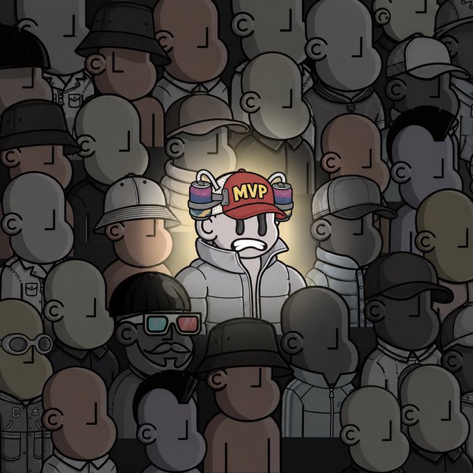 The image features a cartoon character wearing a baseball cap with "MVP" written on it, surrounded by other cartoon characters. The caption of the image reads "@openseaRT & DropETH address". This suggests that the main character might be an MVP (Most Valuable Player) in a world where non-player characters are constantly trying to take over. The character is standing out from the crowd and has been given a unique identifier, which could possibly be related to their role as an MVP or some other special characteristic.
