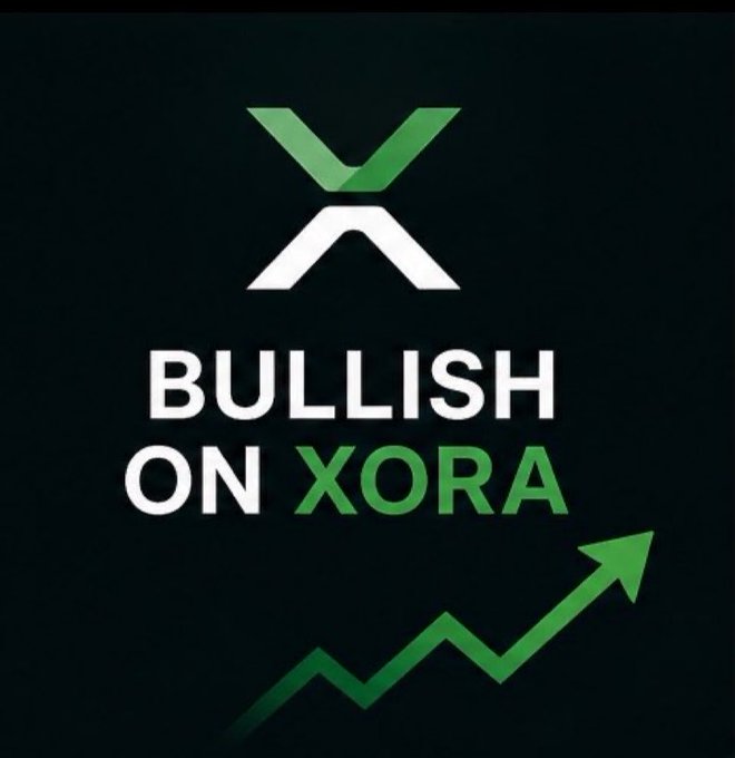 A promotional graphic with the XORA logo reading "BULLISH ON XORA" with a green upward-trending arrow on a black background.