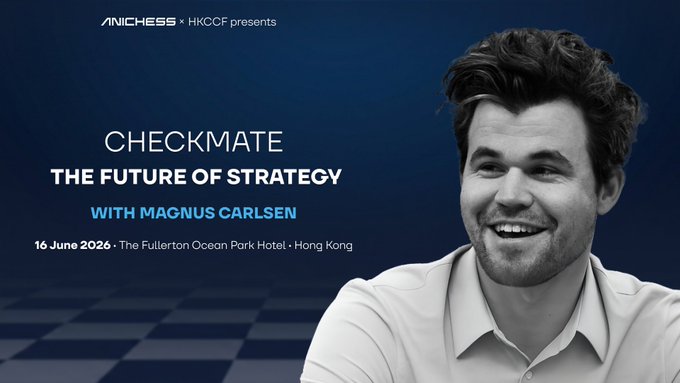 The image features a man sitting at a table with a chessboard set up for him. The man appears to be smiling as he looks directly at the camera, possibly posing for a photo or video. The background of the image is dark blue, which contrasts with the white text on the poster that reads "Checksmate: The Future of Strategy" and "With Magnus Carlsen". There are also some numbers in the image, such as 16 and 1,000,000, but they don't seem to have any specific relevance to the content of the post.