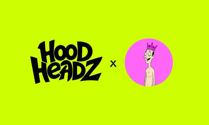A graphic on a bright green background showing the 'HOOD HEADZ' logo next to an 'x' and a pink circle containing a cartoon character wearing a crown.