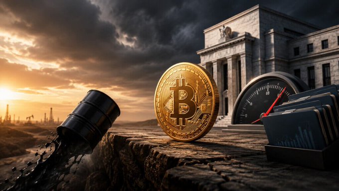 A golden Bitcoin coin stands upright on a rocky edge, surrounded by a spilled barrel of oil, a gauge, a laptop displaying financial charts, and a grand stone building under a dramatic sky.
