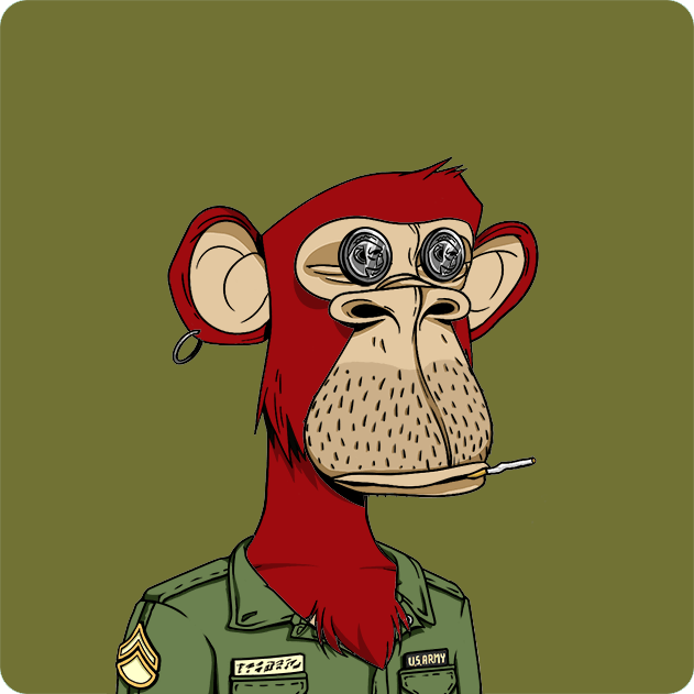 A digital illustration of a red-furred ape with goggles and an earring, wearing a green military jacket labeled "U.S. ARMY" with the name tag "TESAR," smoking a cigarette—representing Bored Ape Yacht Club NFT #8604, which was purchased for 8.55 WETH.