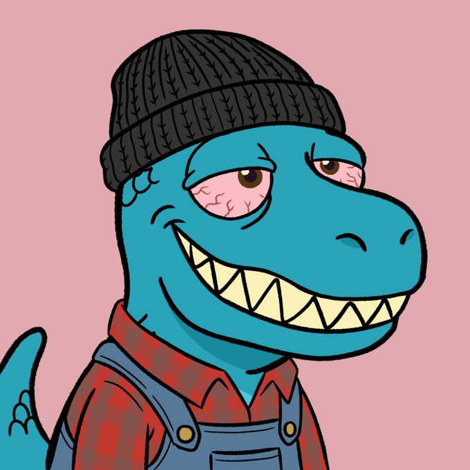 A cartoon illustration of a blue dinosaur or lizard character with a wide toothy grin, wearing a black beanie, red plaid shirt, and blue overalls against a pink background.