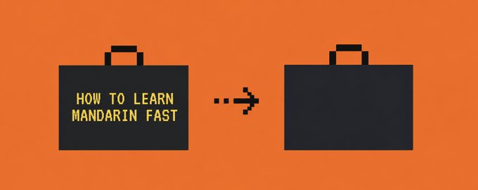 An orange graphic featuring two briefcase icons with an arrow between them; the left briefcase displays the text 'HOW TO LEARN MANDARIN FAST'.